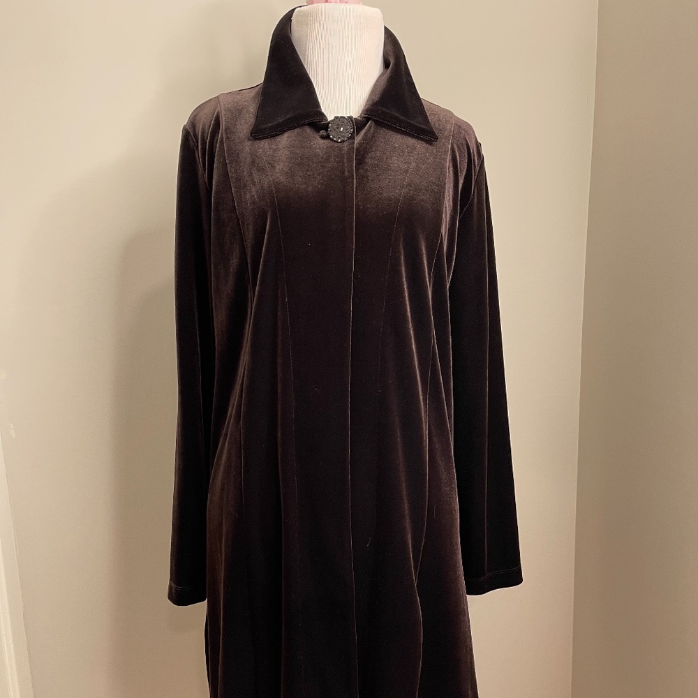 Chicos 1 (Medium) Velour Duster Tunic Cardigan Brown Open Front Elegant Long